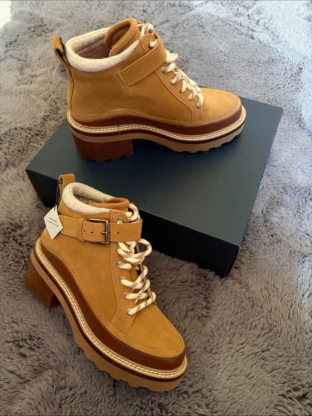 Cole Haan Shibley Waterproof Lace Up Booties in Golden Honey Suede (NWT) - Picture 1 of 15